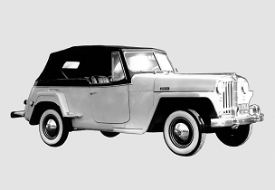 A black & white photo of a 1948 Jeepster