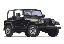 A front corner view of a 1997 Jeep Wrangler in black