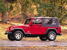 Side view of a Jeep Patriot in red sitting in front of trees