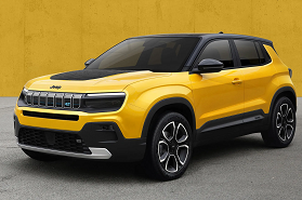 A front corner view of a yellow, all electric Jeep presented as a concept car