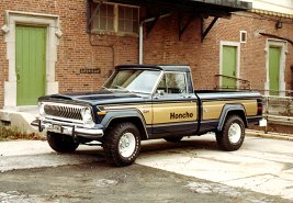 Sideview of a 1970's Jeep Honcho work truck, also called a J-10